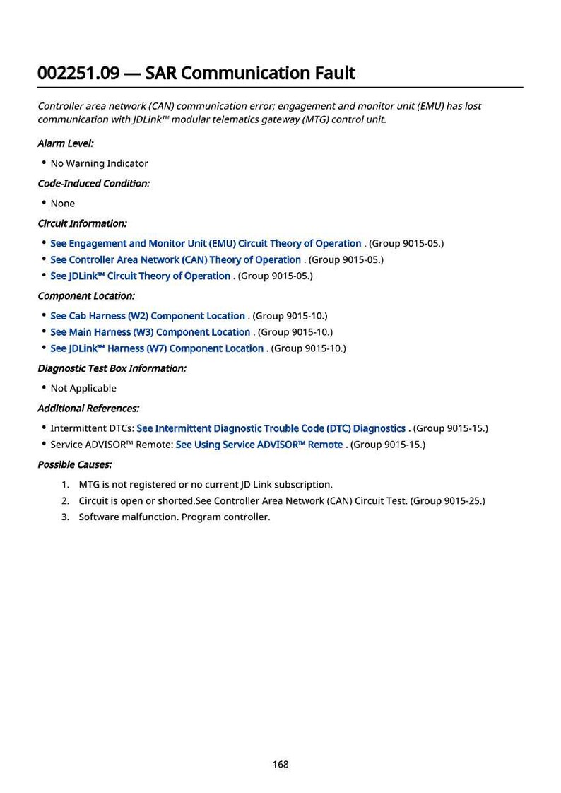 May include: A technical document titled "002251.09 - SAR Communication Fault." The document details a CAN communication error, listing alarm levels, code-induced conditions, circuit information, component locations, and possible causes. Includes references to diagnostic tests.