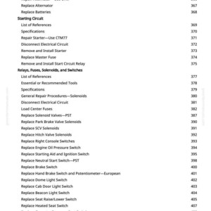 May include: A page from a manual with a table of contents. The text includes "Charging Circuit", "Starting Circuit", and "Relays, Fuses, Solenoids, and Switches". Page numbers are listed on the right.