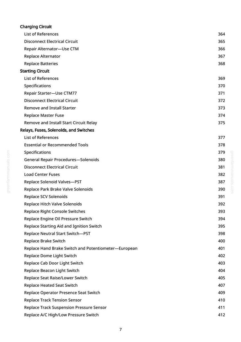 May include: A page from a manual with a table of contents. The text includes "Charging Circuit", "Starting Circuit", and "Relays, Fuses, Solenoids, and Switches". Page numbers are listed on the right.