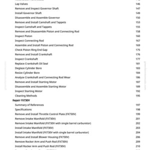 May include: A white page with a list of engine repair procedures, including "Install Cylinder Head" and "Remove Intake Manifold (FX730V)". The page numbers are on the right side.