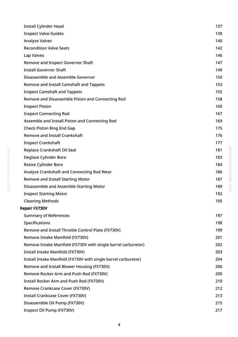 May include: A white page with a list of engine repair procedures, including "Install Cylinder Head" and "Remove Intake Manifold (FX730V)". The page numbers are on the right side.