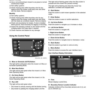 May include: A page from an operating manual, titled "Operating." It includes checklists, control panel diagrams, and button functions for a lawn mower. The page features text and diagrams.