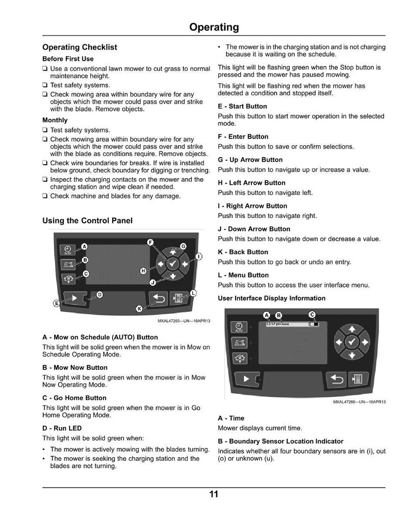 May include: A page from an operating manual, titled "Operating." It includes checklists, control panel diagrams, and button functions for a lawn mower. The page features text and diagrams.