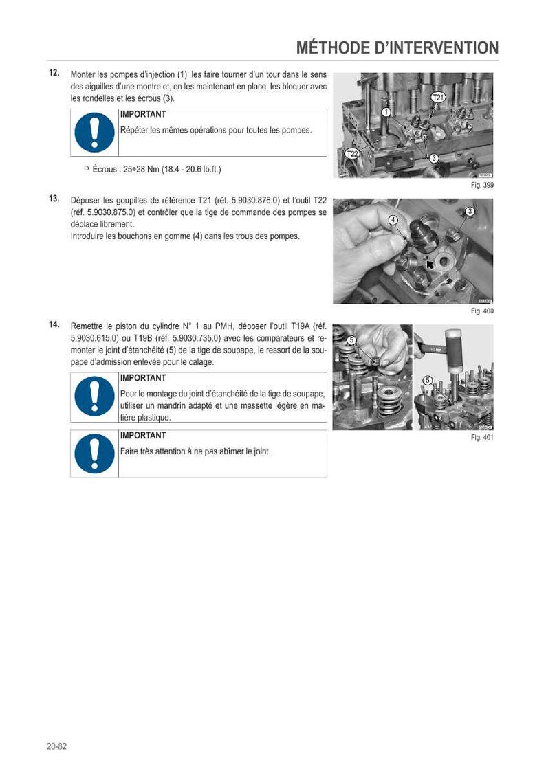 May include: A technical diagram with the title "M&Eacute;THODE D'INTERVENTION" in French. The diagram includes instructions, illustrations of engine components, and warnings. The text includes measurements in lb.ft.