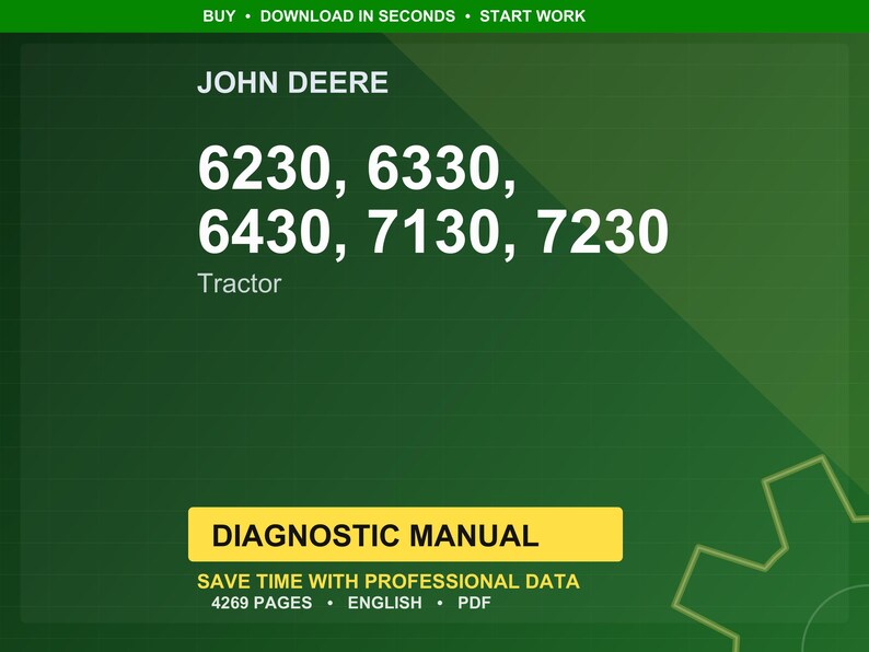 May include: A green background with the John Deere logo and tractor model numbers: 6230, 6330, 6430, 7130, and 7230. The text "Tractor" is below the model numbers. A yellow banner reads "DIAGNOSTIC MANUAL".