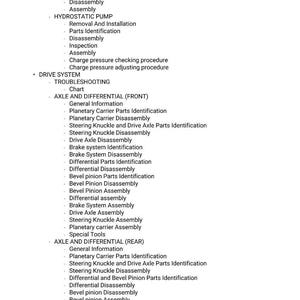 May include: A detailed list of automotive repair procedures, including descriptions for oil coolers, hydrostatic drive motors, and hydrostatic pumps. The document also covers drive systems, troubleshooting, and axle and differential components.