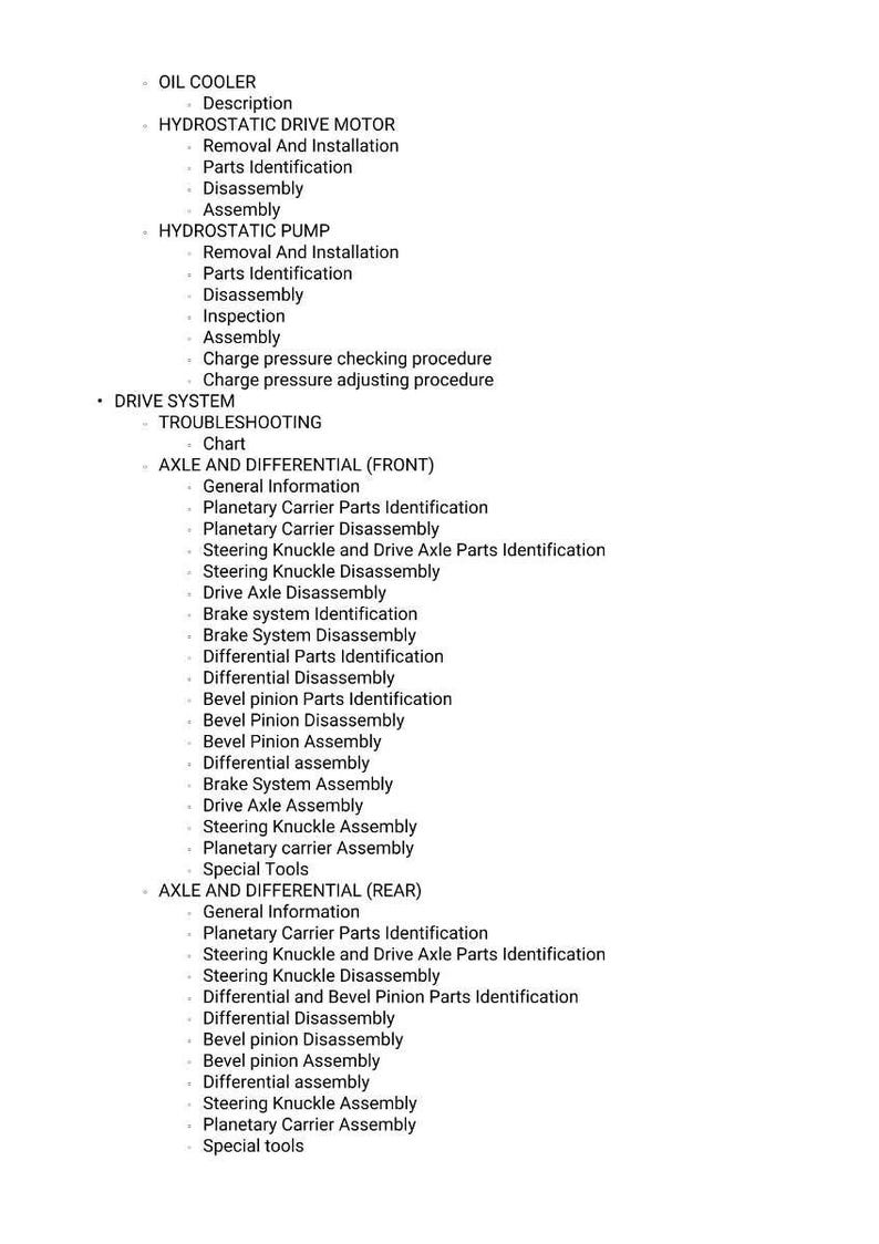 May include: A detailed list of automotive repair procedures, including descriptions for oil coolers, hydrostatic drive motors, and hydrostatic pumps. The document also covers drive systems, troubleshooting, and axle and differential components.