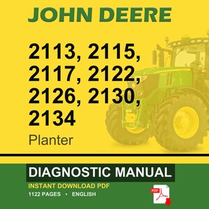 May include: A John Deere planter diagnostic manual cover. The image features a green and yellow tractor on a yellow background. Text includes "JOHN DEERE", planter model numbers, and "DIAGNOSTIC MANUAL". The manual is an instant download PDF.