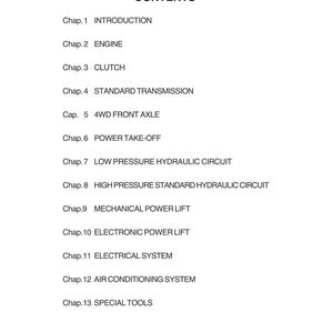 May include: A white page with the title "CONTENTS" and a list of chapter titles. The chapters include "INTRODUCTION", "ENGINE", "CLUTCH", "STANDARD TRANSMISSION", "4WD FRONT AXLE", and more. The image is a table of contents.