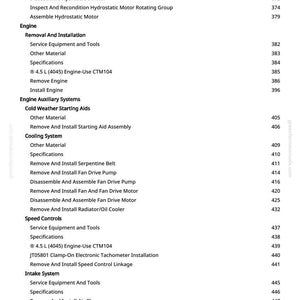 May include: A page from a manual with a table of contents. The text includes engine repair and maintenance topics such as "Replace Hydrostatic Motor" and "Remove and Install Air Cleaner". The page number is 5.