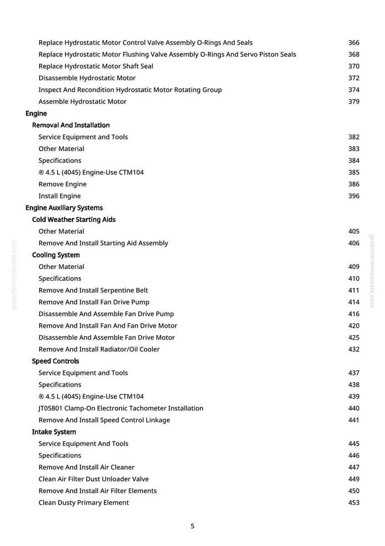 May include: A page from a manual with a table of contents. The text includes engine repair and maintenance topics such as "Replace Hydrostatic Motor" and "Remove and Install Air Cleaner". The page number is 5.