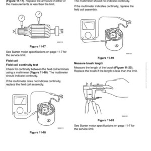 May include: Diagrams illustrating automotive electrical testing procedures. Includes figures for armature run-outs, field coil tests, and brush length measurement. Text instructions and multimeter use are shown.