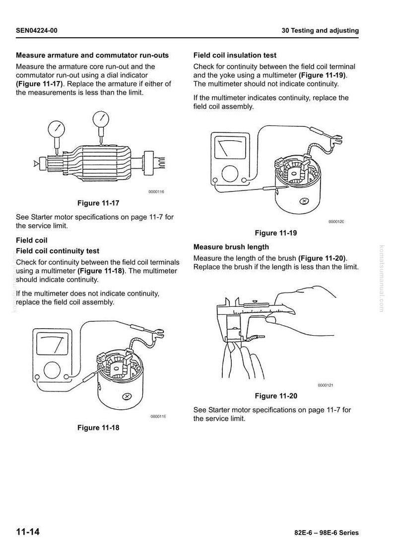 May include: Diagrams illustrating automotive electrical testing procedures. Includes figures for armature run-outs, field coil tests, and brush length measurement. Text instructions and multimeter use are shown.