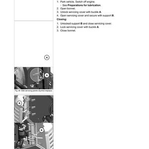 K&ouml;nnte beinhalten: Eine Seite aus einem Servicehandbuch mit Anweisungen zur Wartung von Seitenw&auml;nden. Der Text enth&auml;lt Anweisungen zum &Ouml;ffnen und Schlie&szlig;en der Motorhaube und der Wartungsabdeckung, mit Diagrammen und Beschriftungen.