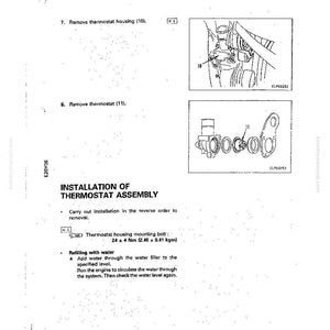 May include: Diagram of thermostat assembly installation, including removal and refilling instructions. The image shows detailed illustrations of the thermostat housing and thermostat components, with labels and measurements for the mounting bolt.