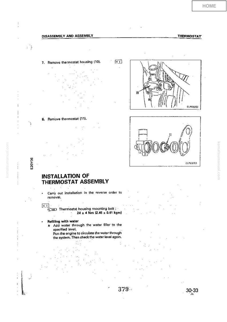 May include: Diagram of thermostat assembly installation, including removal and refilling instructions. The image shows detailed illustrations of the thermostat housing and thermostat components, with labels and measurements for the mounting bolt.