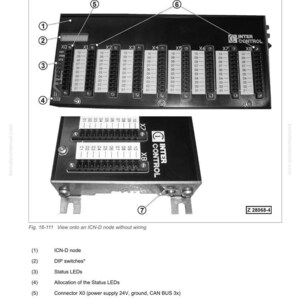 Op de afbeelding: Diagram van een ICN-D-knooppunt zonder bedrading, met een zwart controlesysteem met meerdere connectoren en labels. De afbeelding bevat tekst zoals "KOMTRAX Plus & MTC control system" en "INTER CONTROL".