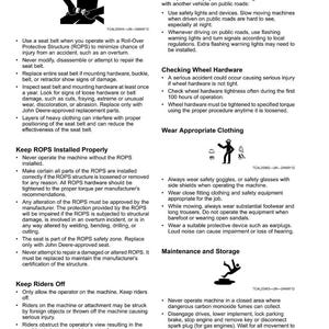 May include: A safety manual page with the title "Safety" and sections on seat belt use, ROPS installation, road safety, wheel hardware checks, appropriate clothing, and maintenance. Includes illustrations.