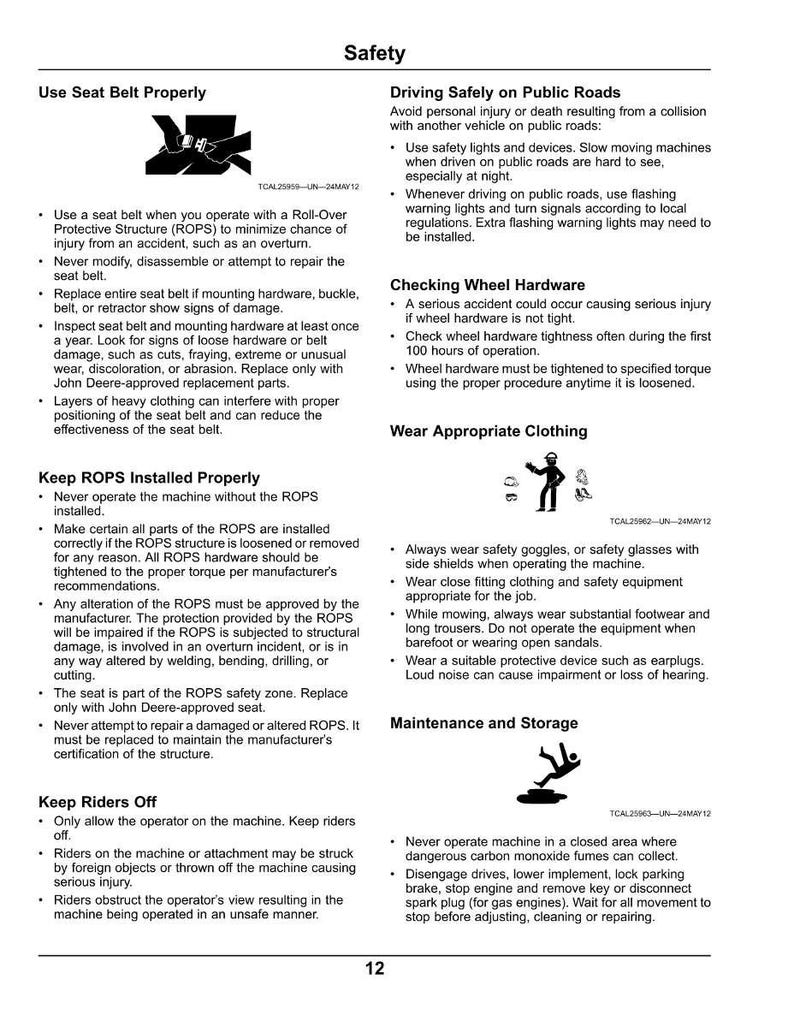 May include: A safety manual page with the title "Safety" and sections on seat belt use, ROPS installation, road safety, wheel hardware checks, appropriate clothing, and maintenance. Includes illustrations.