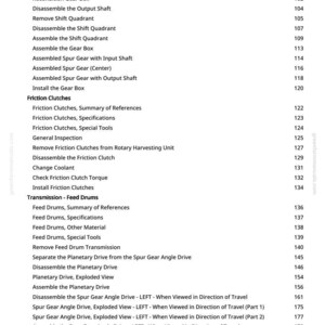 May include: A page from a manual, detailing mechanical procedures, against a white background. Titles include "Gear Box, Exploded View," "Friction Clutches," and "Transmission - Feed Drums." Page numbers are visible.