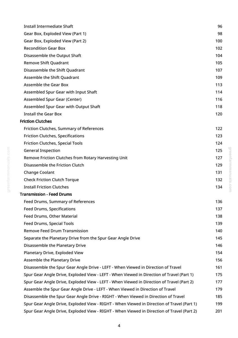May include: A page from a manual, detailing mechanical procedures, against a white background. Titles include "Gear Box, Exploded View," "Friction Clutches," and "Transmission - Feed Drums." Page numbers are visible.