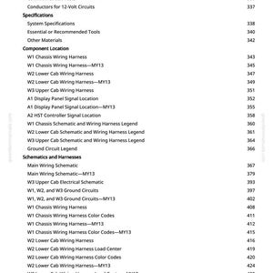May include: A manual page with a detailed table of contents. Sections cover wiring harnesses, schematics, and circuit tests. Page numbers are listed on the right-hand side of the page.