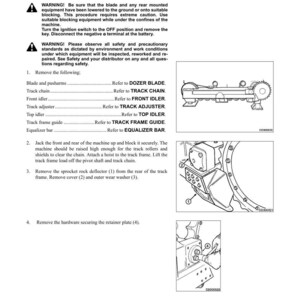 K&ouml;nnte beinhalten: Technische Zeichnung f&uuml;r den Ausbau des Fahrwerks, mit Illustrationen von Maschinenkomponenten und Sicherheitshinweisen. Enth&auml;lt Anweisungen zum Ausbau von Teilen wie R&auml;umschild, Kette und Umlenkrollen. Text enth&auml;lt Sicherheitshinweise und Teileverweise.