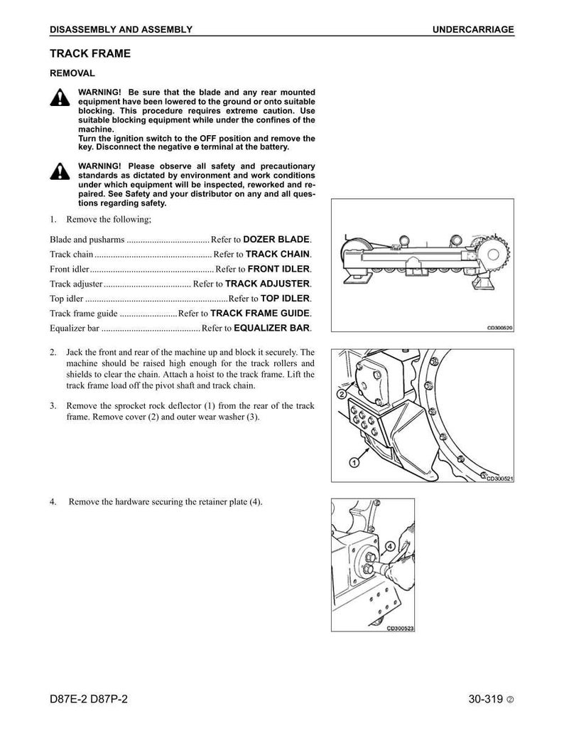 K&ouml;nnte beinhalten: Technische Zeichnung f&uuml;r den Ausbau des Fahrwerks, mit Illustrationen von Maschinenkomponenten und Sicherheitshinweisen. Enth&auml;lt Anweisungen zum Ausbau von Teilen wie R&auml;umschild, Kette und Umlenkrollen. Text enth&auml;lt Sicherheitshinweise und Teileverweise.