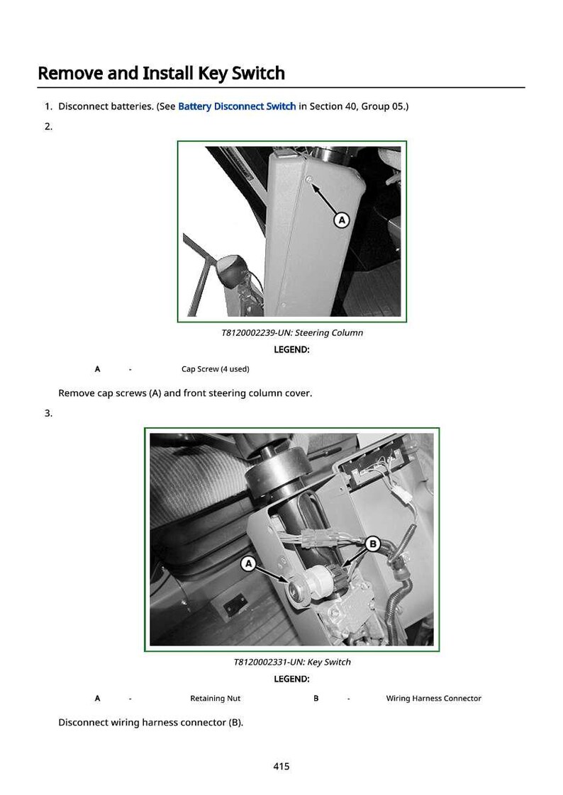 May include: Diagram illustrating the removal and installation of a key switch. The image shows close-ups of mechanical components, including a steering column and key switch, with labels and arrows pointing to specific parts. Text instructions are also included.