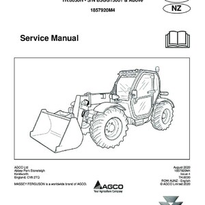 May include: A service manual with a line drawing of a Massey Ferguson telehandler. The manual includes text such as "TH.6030 Service Manual" and "AGCO Limited 2020". The image also includes the text "Service Manual".