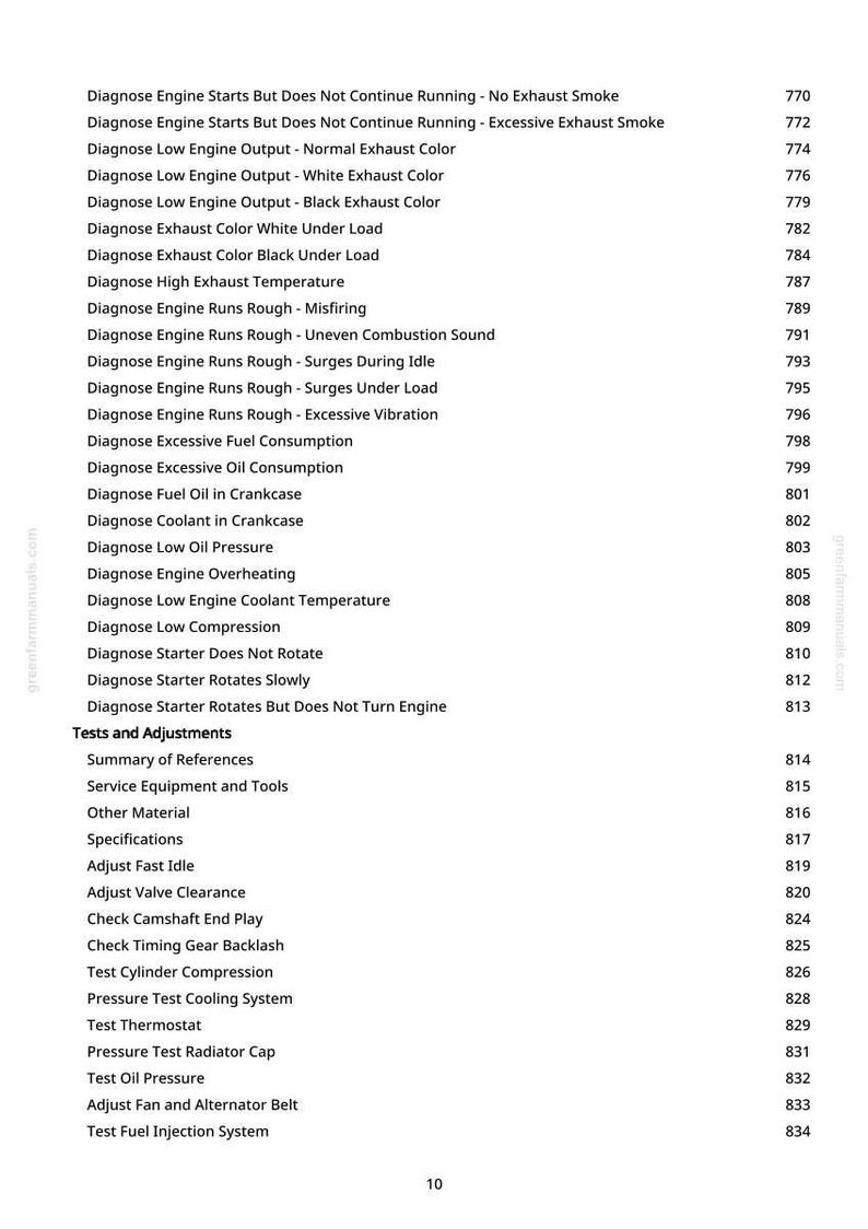 Pode incluir: Uma p&aacute;gina branca com uma lista de testes e ajustes de diagn&oacute;stico automotivo. O texto inclui termos como "Diagnosticar Motor com Funcionamento Irregular", "Testar Compress&atilde;o do Cilindro" e "Ajustar Marcha Lenta". P&aacute;gina 10.