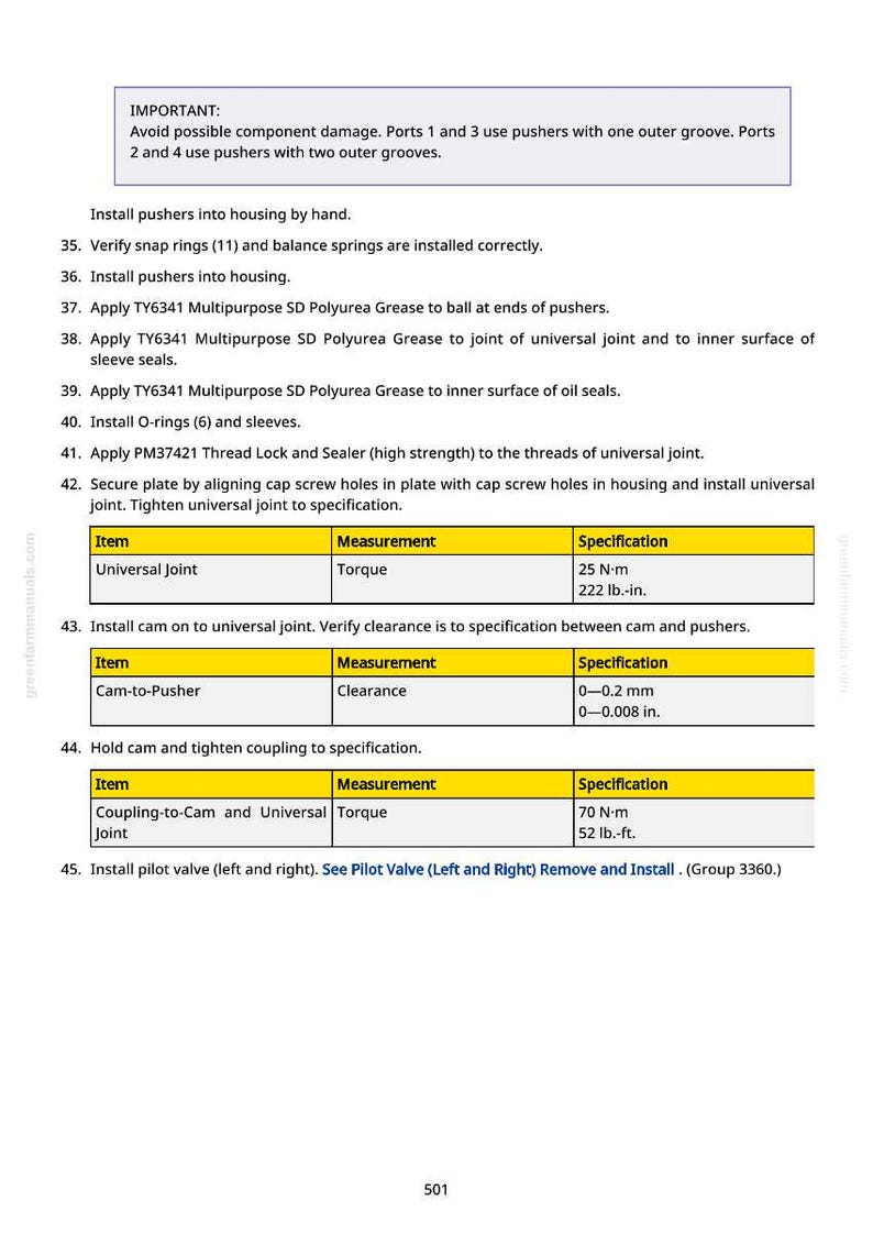Op de afbeelding: Een pagina uit een handleiding met instructies voor mechanische montage. Bevat stappen voor het installeren van duwers, het aanbrengen van vet en het aandraaien van componenten. Afmetingen in mm en Newtonmeters.