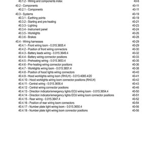 May include: A detailed table of contents from a manual, titled "40 - WIRING DIAGRAMS." The document lists various wiring diagrams, including those for lighting, brakes, and wiring harnesses. Page numbers are listed on the right.
