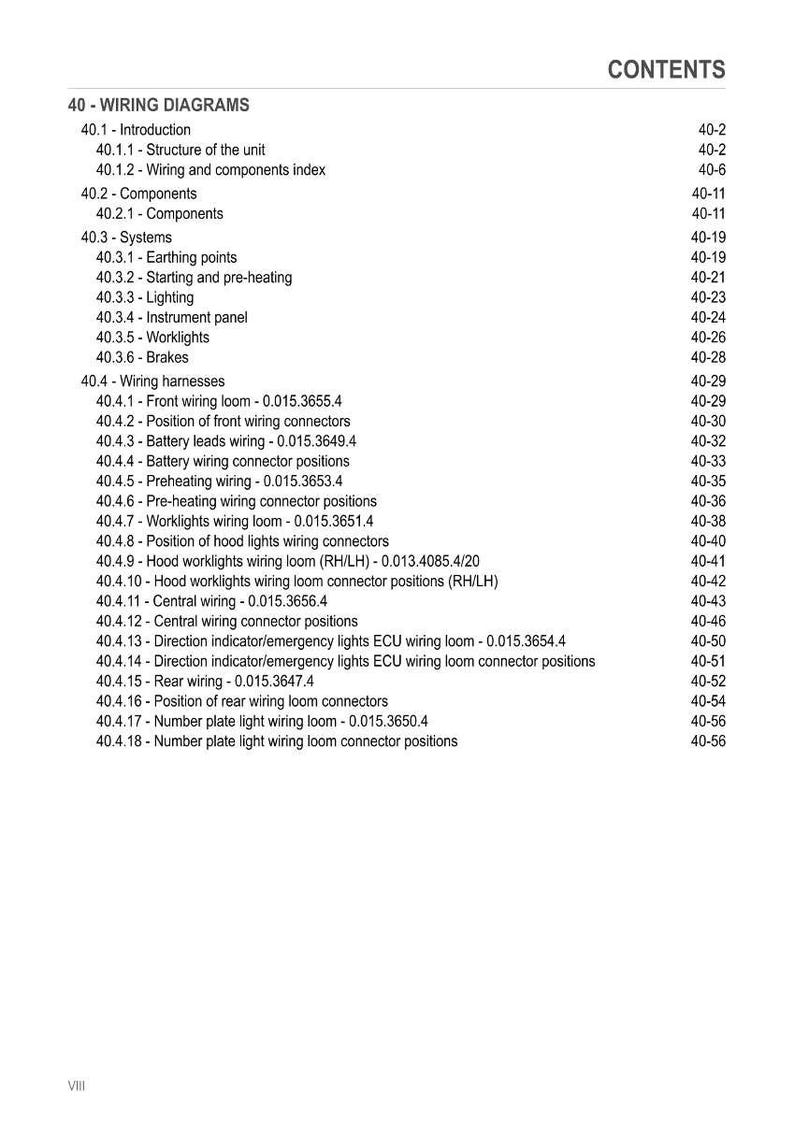May include: A detailed table of contents from a manual, titled "40 - WIRING DIAGRAMS." The document lists various wiring diagrams, including those for lighting, brakes, and wiring harnesses. Page numbers are listed on the right.