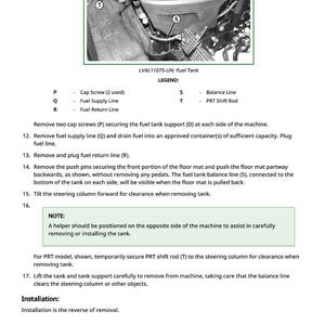 May include: Diagram of a fuel tank with labels for cap screws, fuel lines, and shift rod. Text instructions detail the removal and installation process, including notes on safety and clearance.