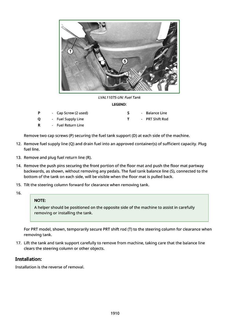 May include: Diagram of a fuel tank with labels for cap screws, fuel lines, and shift rod. Text instructions detail the removal and installation process, including notes on safety and clearance.