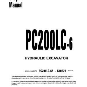 Pu&ograve; includere: Un manuale di officina bianco con il titolo "Shop Manual" in testo nero. Il titolo del manuale &egrave; "PC200LC-6 HYDRAULIC EXCAVATOR". I numeri di serie sono PC200LC-6Z - C10827 e successivi. La data di pubblicazione &egrave; luglio 2000.