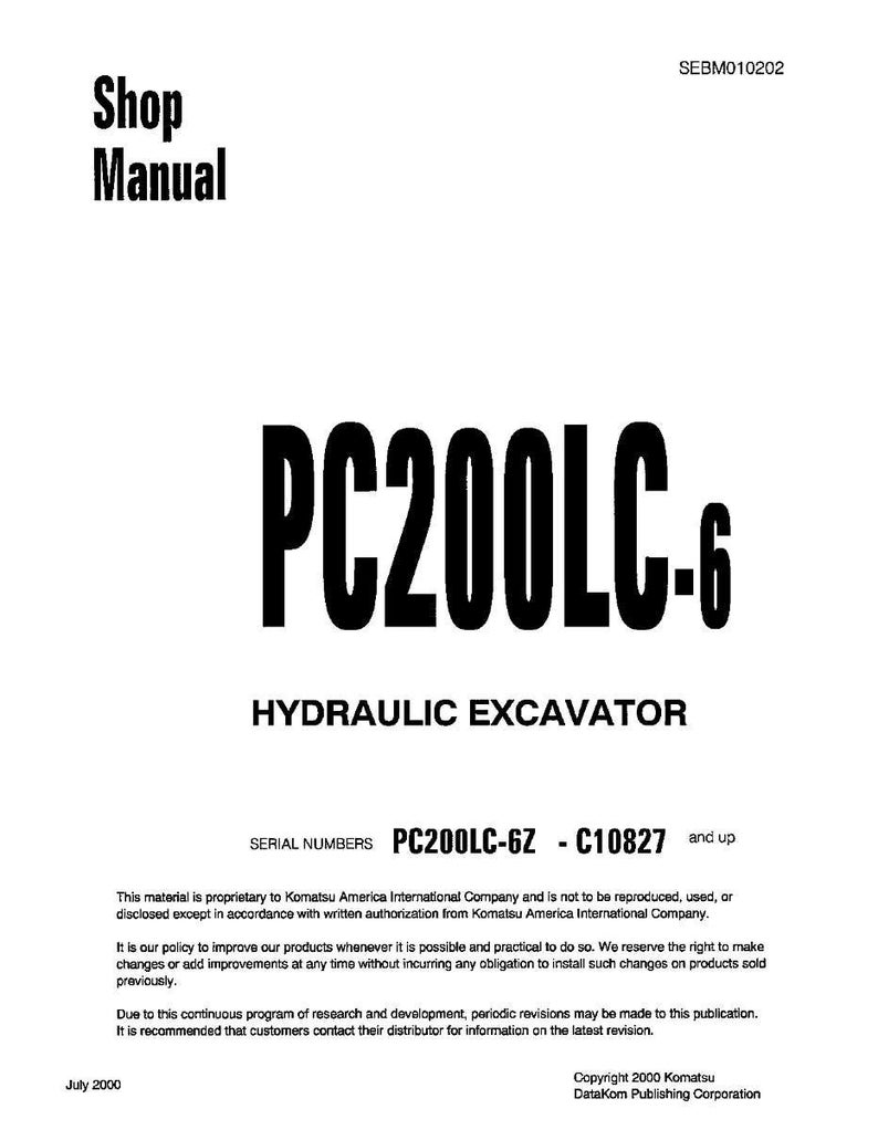 Pu&ograve; includere: Un manuale di officina bianco con il titolo "Shop Manual" in testo nero. Il titolo del manuale &egrave; "PC200LC-6 HYDRAULIC EXCAVATOR". I numeri di serie sono PC200LC-6Z - C10827 e successivi. La data di pubblicazione &egrave; luglio 2000.