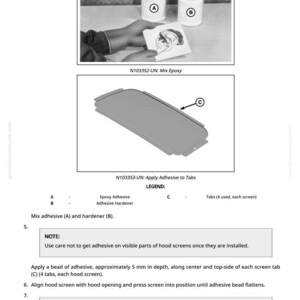 May include: Monochrome image detailing epoxy application. It features two containers marked A and B, a diagram of a component, and instructional text. The text includes "Mix Epoxy" and "Apply Adhesive to Tabs".