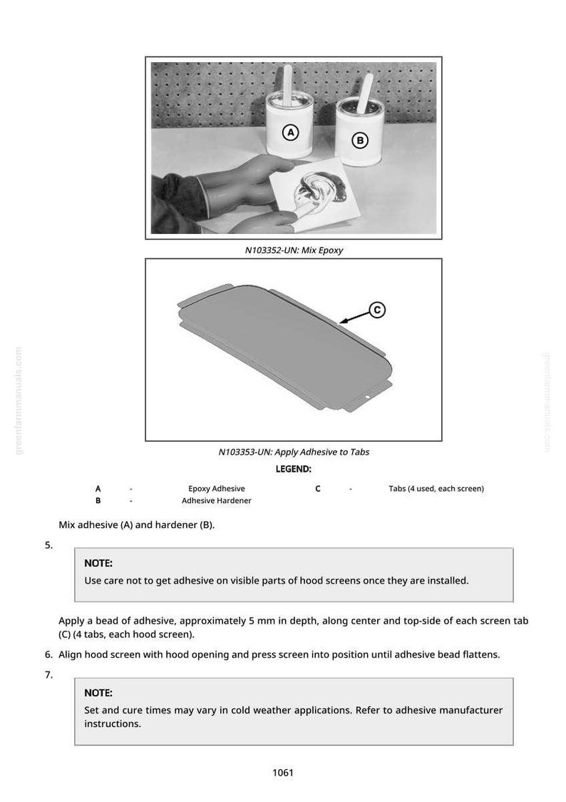 May include: Monochrome image detailing epoxy application. It features two containers marked A and B, a diagram of a component, and instructional text. The text includes "Mix Epoxy" and "Apply Adhesive to Tabs".