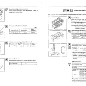 Puede incluir: Un diagrama t&eacute;cnico en blanco y negro de un manual de reparaci&oacute;n de motores. El diagrama incluye ilustraciones de componentes del motor, mediciones y procedimientos de inspecci&oacute;n. El texto incluye "Inspecci&oacute;n y reemplazo" y "Cuerpo del cilindro".