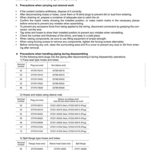 May include: A detailed technical manual page with instructions and diagrams for machinery maintenance. The page includes numbered lists of precautions for disassembly and assembly, with part numbers and diagrams. The document is labeled PC78US-6.