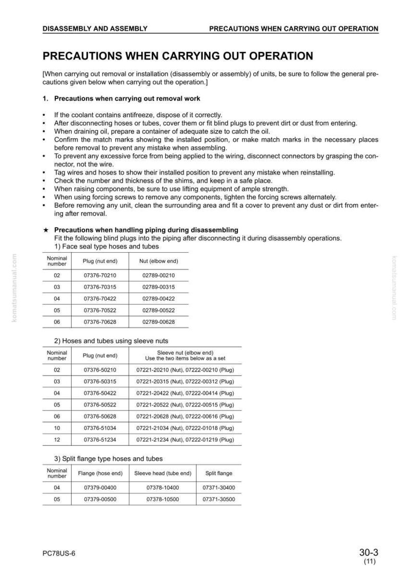 May include: A detailed technical manual page with instructions and diagrams for machinery maintenance. The page includes numbered lists of precautions for disassembly and assembly, with part numbers and diagrams. The document is labeled PC78US-6.