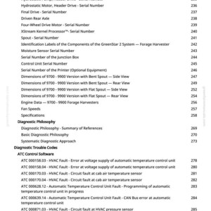 Pu&ograve; includere: Una pagina dettagliata di un manuale tecnico, con specifiche e codici di diagnostica. Il testo include termini come "Hydrostatic Pump", "Serial Number" e "HVAC Fault", con numeri di pagina a destra.