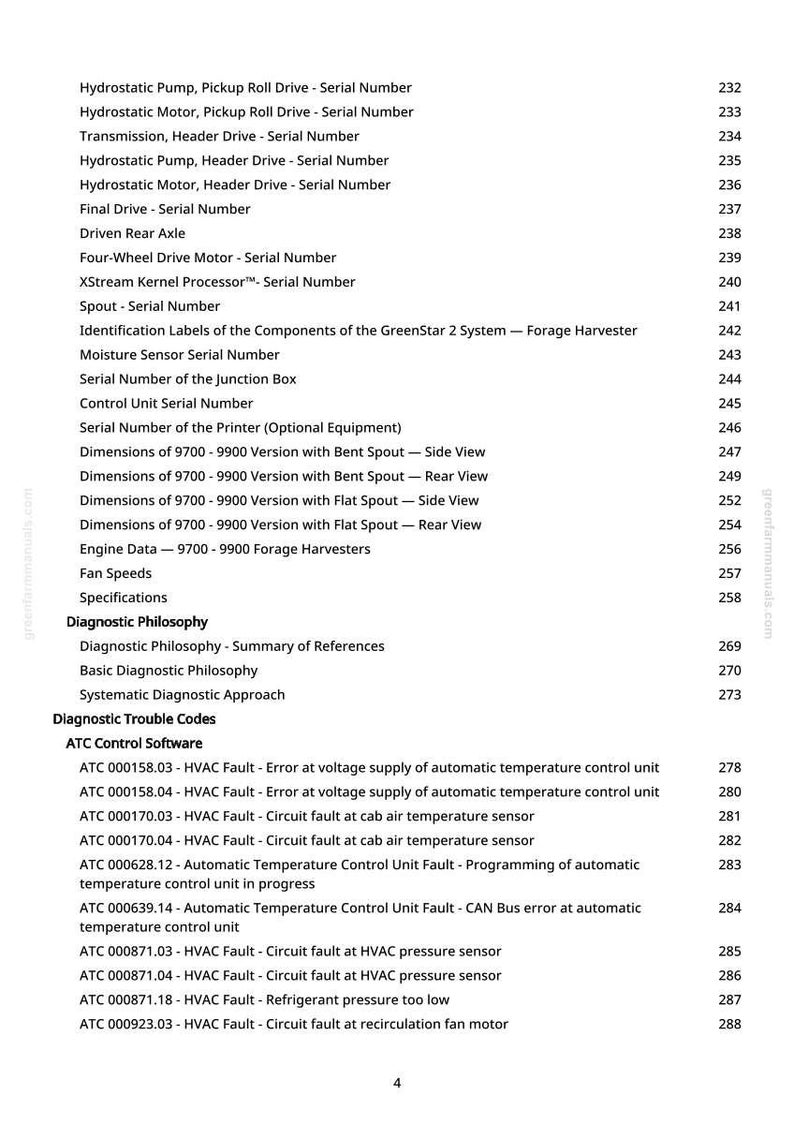 Pu&ograve; includere: Una pagina dettagliata di un manuale tecnico, con specifiche e codici di diagnostica. Il testo include termini come "Hydrostatic Pump", "Serial Number" e "HVAC Fault", con numeri di pagina a destra.