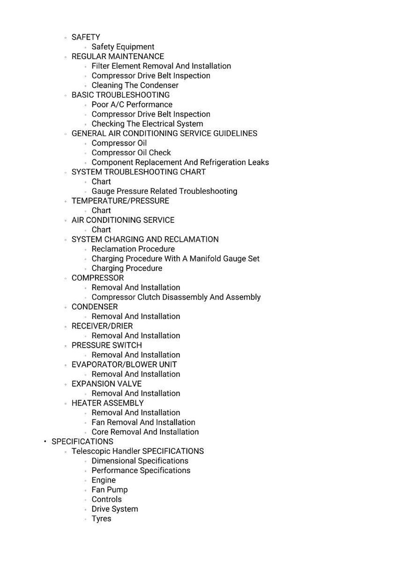 Pu&ograve; includere: Un elenco dettagliato delle linee guida per l'assistenza e le procedure di risoluzione dei problemi per l'aria condizionata automobilistica. Il testo include sezioni su sicurezza, manutenzione ordinaria, risoluzione dei problemi di base e ricarica del sistema. Copre anche compressore, condensatore e gruppo riscaldatore.