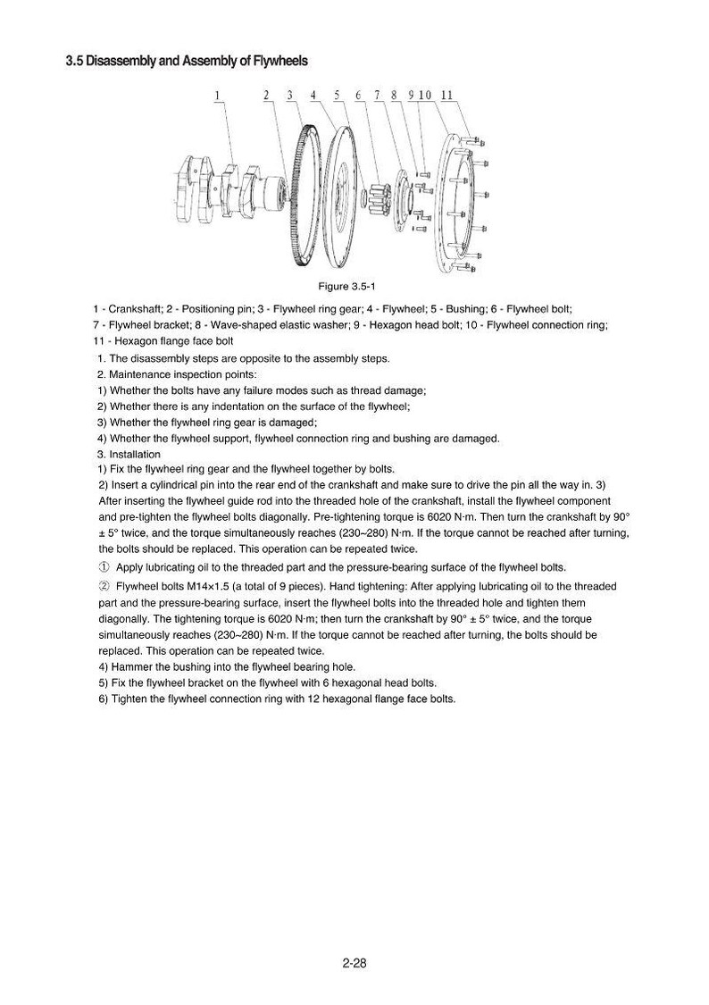 May include: Diagram of flywheel components, including crankshaft, flywheel ring gear, and bolts. The image is labeled with numbered parts and instructions for assembly and disassembly, with measurements in N-m.