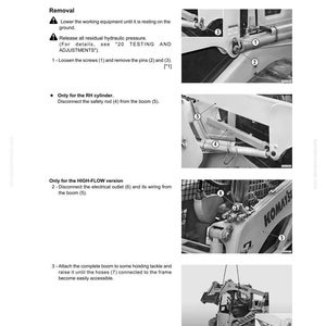 K&ouml;nnte beinhalten: Eine Seite aus einem technischen Handbuch mit Anweisungen zum Aus- und Einbau von kompletten Arbeitsger&auml;ten. Die Seite enth&auml;lt Diagramme und Anweisungen zum L&ouml;sen von Schrauben, Entfernen von Stiften und Trennen von elektrischen Ausg&auml;ngen. Das Handbuch ist f&uuml;r eine Komatsu-Maschine.