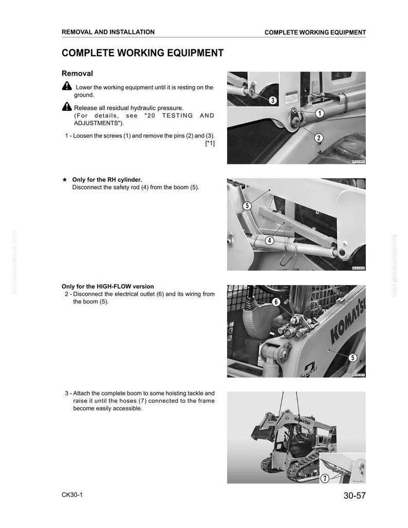 K&ouml;nnte beinhalten: Eine Seite aus einem technischen Handbuch mit Anweisungen zum Aus- und Einbau von kompletten Arbeitsger&auml;ten. Die Seite enth&auml;lt Diagramme und Anweisungen zum L&ouml;sen von Schrauben, Entfernen von Stiften und Trennen von elektrischen Ausg&auml;ngen. Das Handbuch ist f&uuml;r eine Komatsu-Maschine.