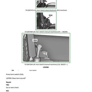May include: Diagram of horn switches labeled S34, with text instructions for troubleshooting. Includes images of the horn switch in different machine types and troubleshooting steps for when the horn does not sound.